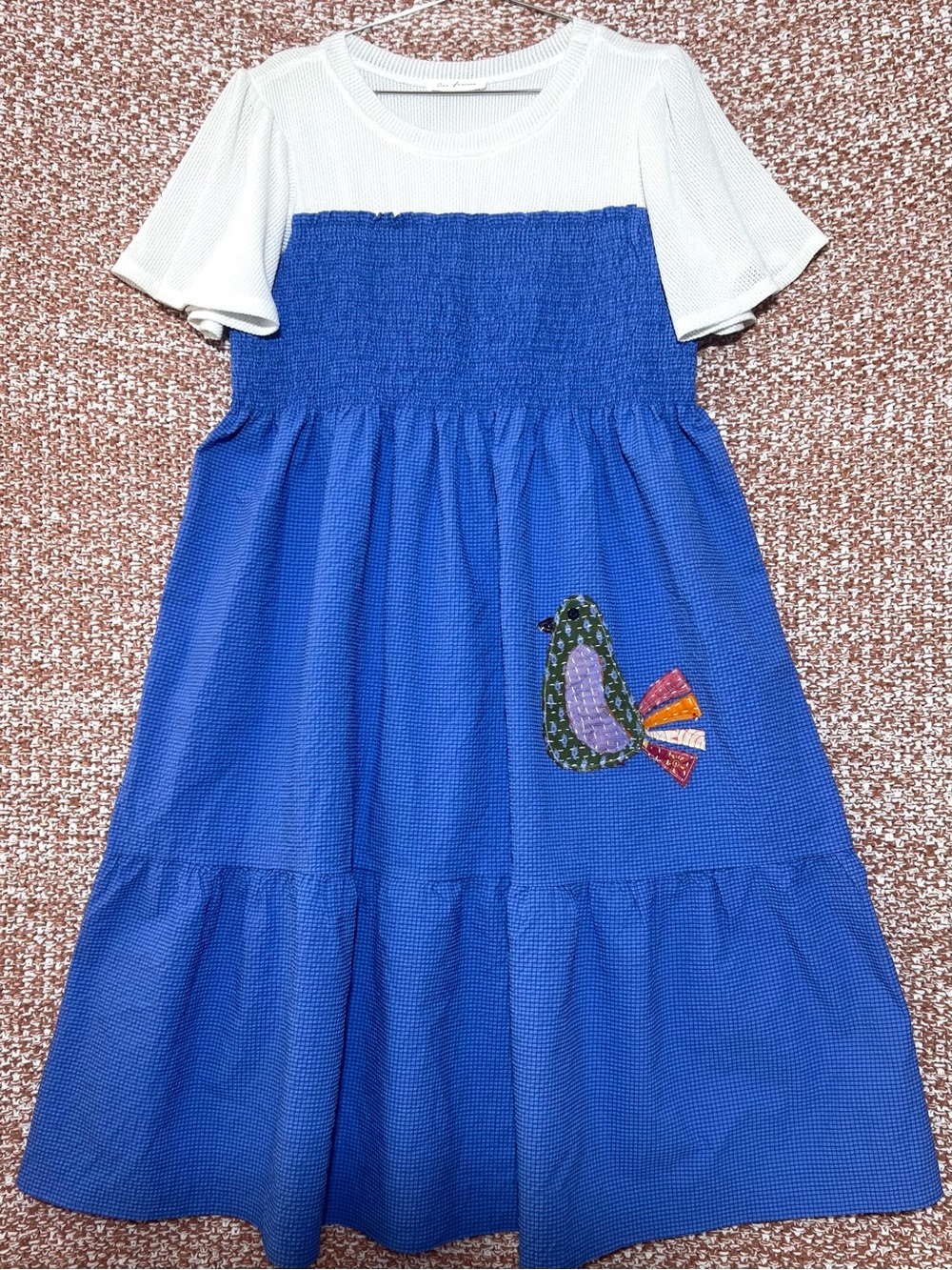 🕊️ NWOT | Upcycled | White & Royal Blue Tiered Dress w/ Bird Patch | O/S